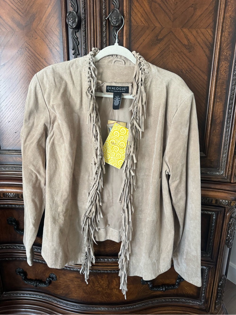 Dialogue Taupe Fringe Suede Open-Front Jacket